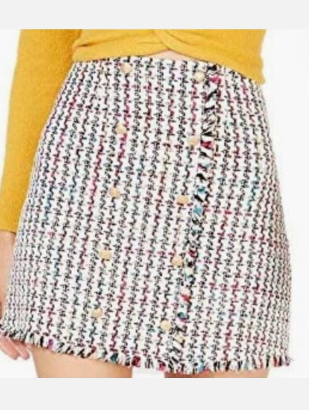 Leyden Tweed Mini Skirt Black White Multicolor w Gold Buttons XS EUC
